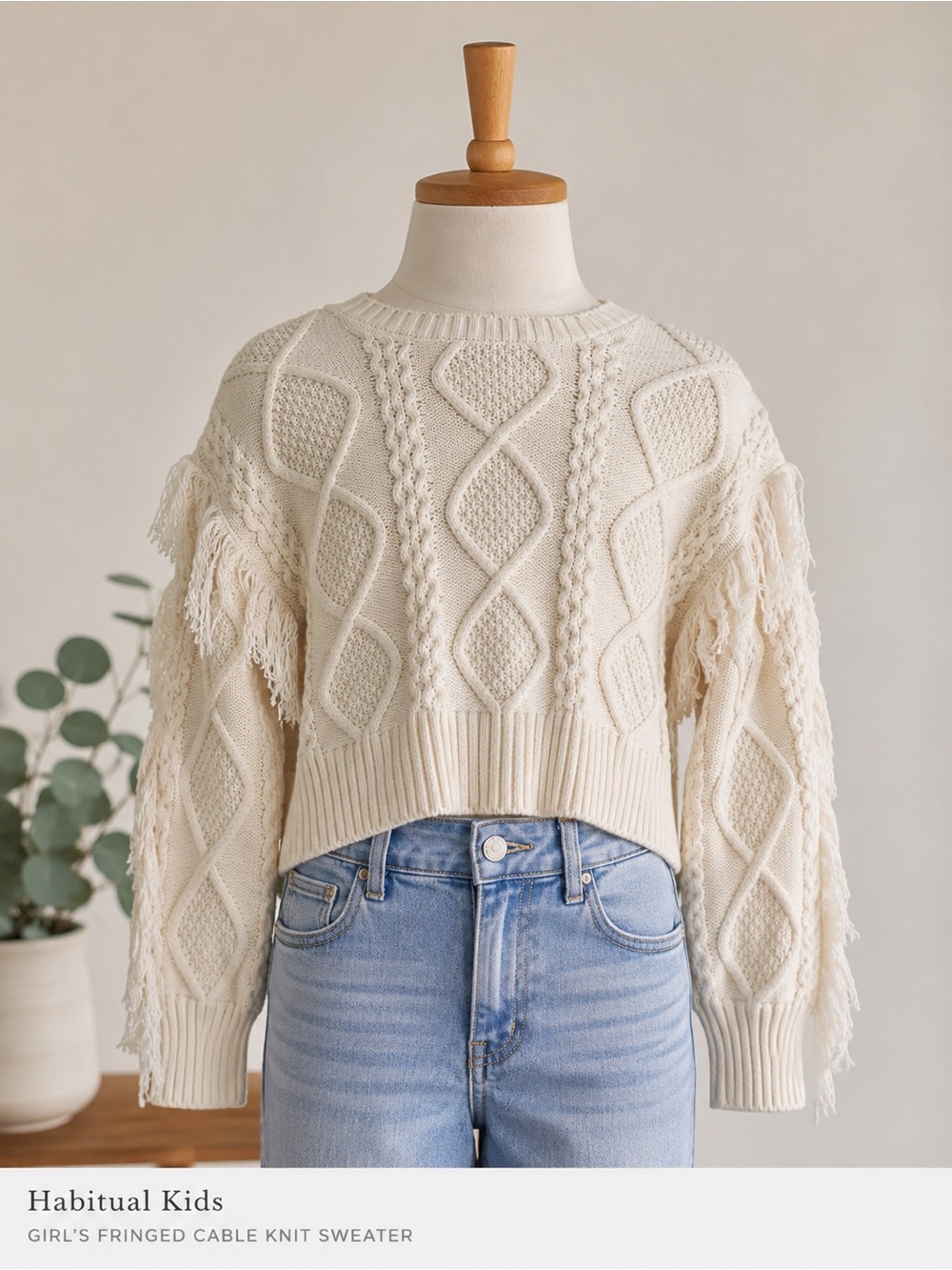 Habitual girls Ivory Fringed Cable-Knit Crew Sweater Sz 7/8 cotton blend